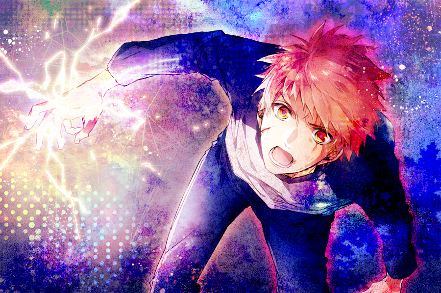 1boy electricity emiya_shirou fate/stay_night fate_(series) nakagawa_waka orange_hair raglan_sleeves solo yellow_eyes