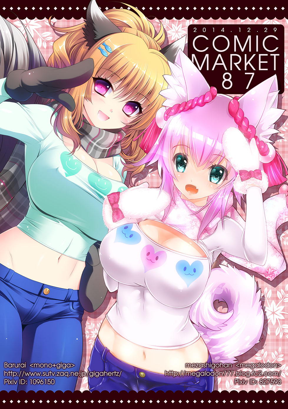 2girls animal_ears breasts cleavage cleavage_cutout highres looking_at_viewer mezashi_gohan midriff mittens multiple_girls navel original scarf smile tail