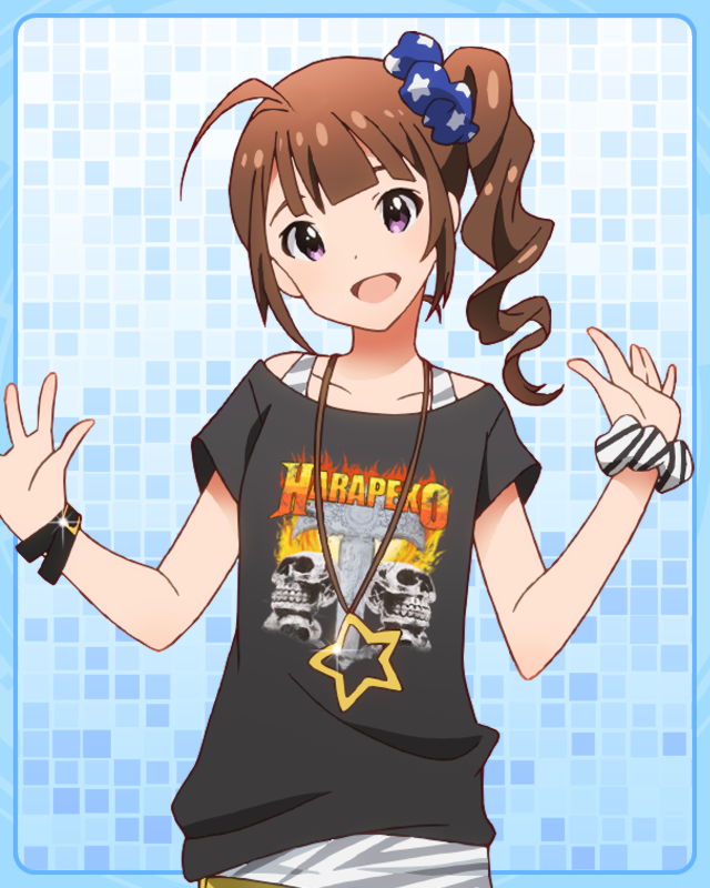 1girl :d artist_request bracelet brown_hair clothes_writing idolmaster idolmaster_million_live! jewelry looking_at_viewer necklace official_art open_mouth scrunchie side_ponytail smile violet_eyes yokoyama_nao