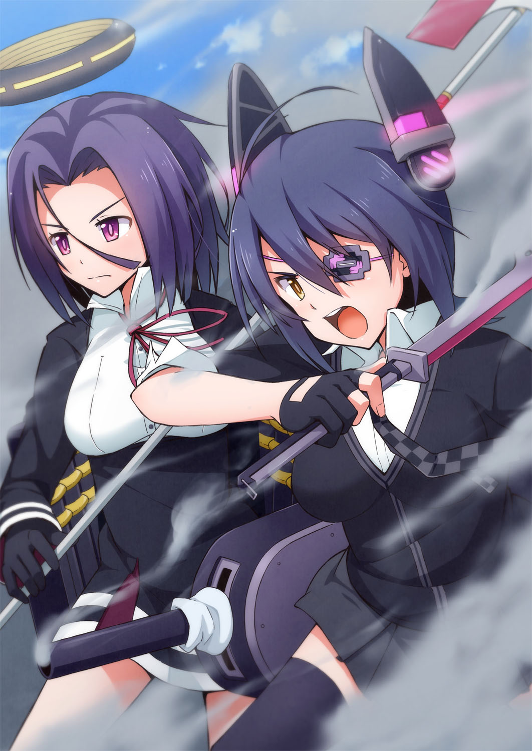 2girls black_dress black_gloves black_legwear black_skirt blue_sky cardigan checkered_necktie collared_shirt dress eyepatch glaive gloves headgear highres kantai_collection long_sleeves mechanical_halo multiple_girls natsuki_tomosuke necktie open_mouth pleated_skirt polearm purple_hair ribbon short_hair skirt sky sleeves_rolled_up smoke sword tatsuta_(kantai_collection) tenryuu_(kantai_collection) thigh-highs violet_eyes weapon yellow_eyes