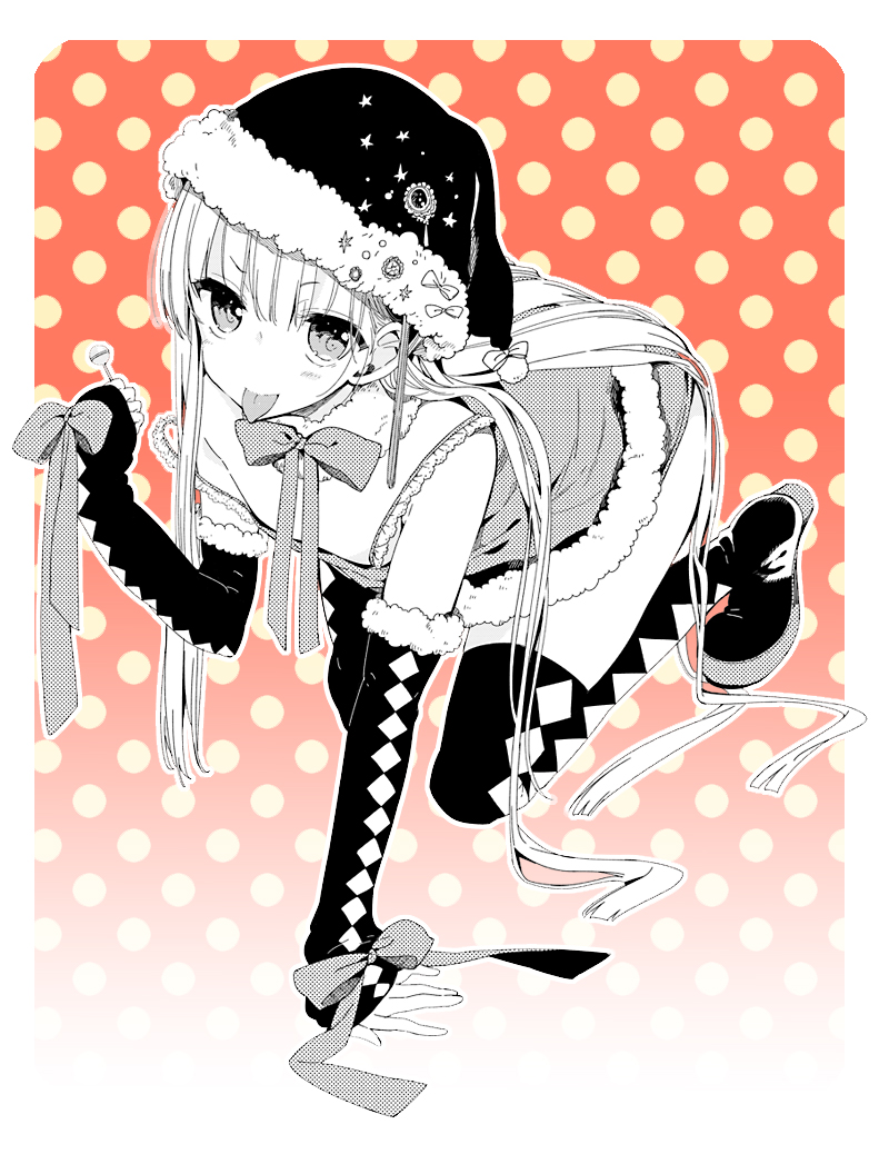 boots bow elbow_gloves fingerless_gloves gloves hat long_hair monochrome original sakiyo_cake santa_hat thigh-highs thigh_boots tongue tongue_out very_long_hair