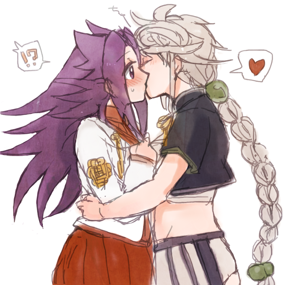 2girls ?!! blush braid closed_eyes cloud_print crop_top french_kiss from_side hug japanese_clothes jun'you_(kantai_collection) kantai_collection kiss long_hair looking_at_another midriff miniskirt multiple_girls purple_hair silver_hair simple_background single_braid sketch skirt surprised unryuu_(kantai_collection) very_long_hair violet_eyes white_background yuri
