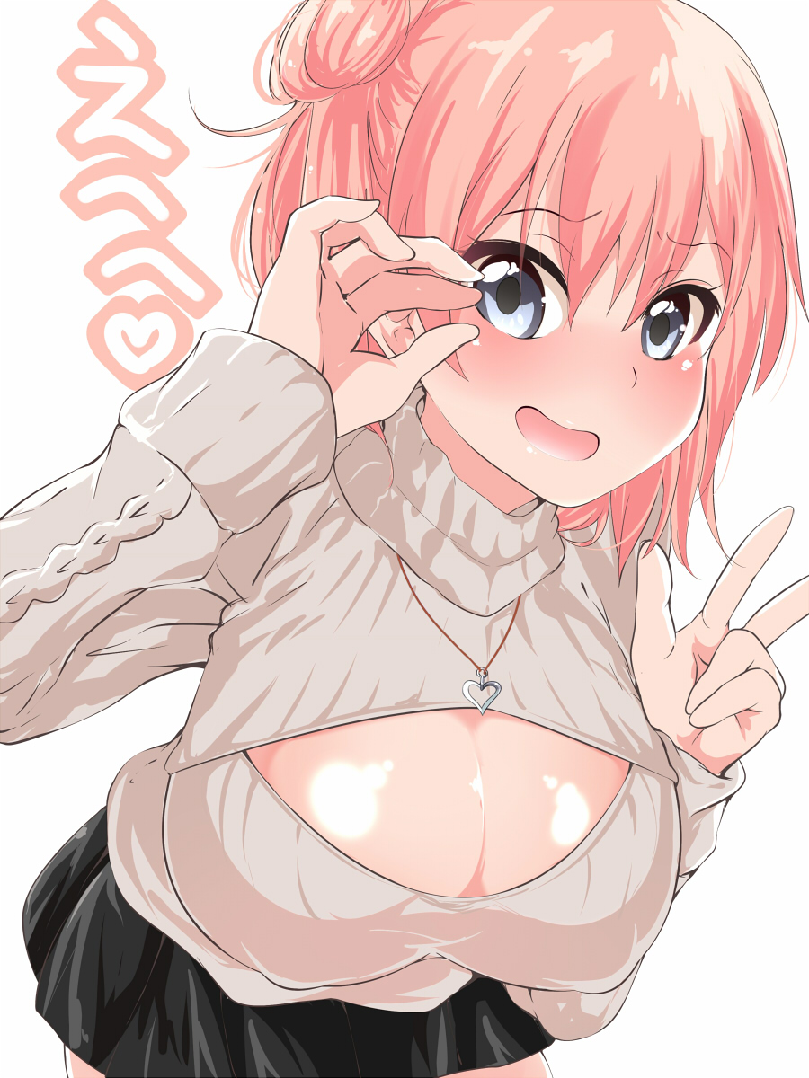 1girl blue_eyes breasts cleavage cleavage_cutout cowboy_shot glasses highres jewelry kurorettsu looking_at_viewer necklace open-chest_sweater open_mouth pink_hair short_hair solo sweater v yahari_ore_no_seishun_lovecome_wa_machigatteiru. yuigahama_yui