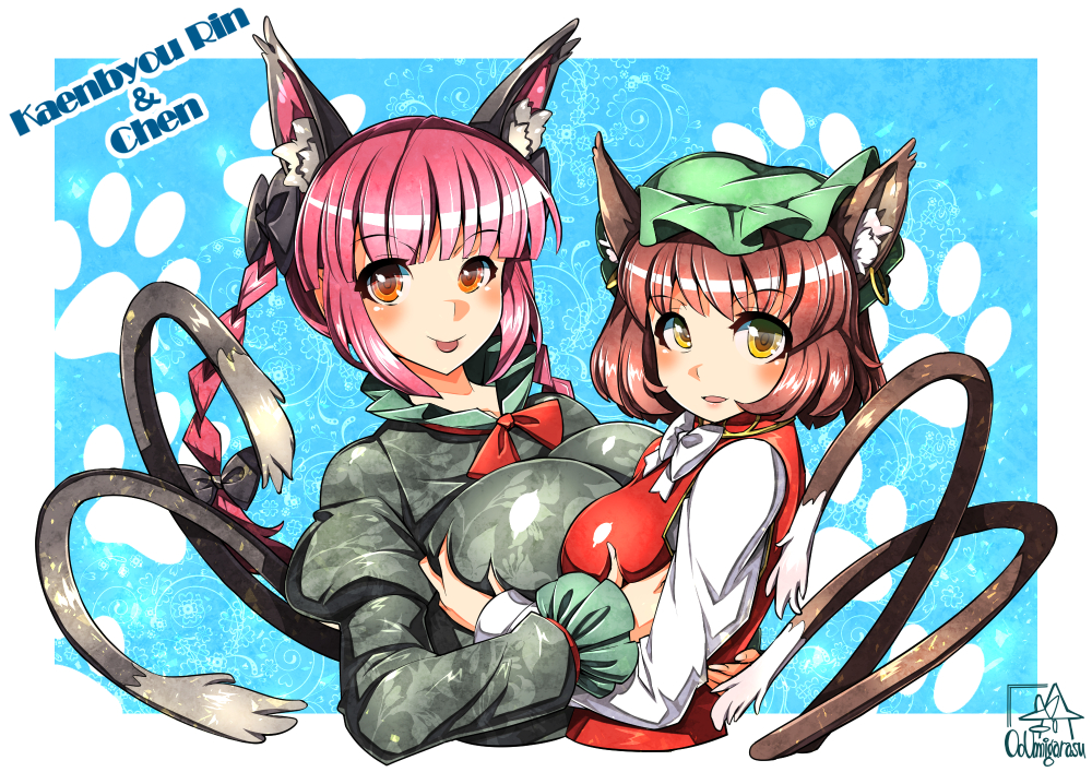 2girls animal_ears asymmetrical_docking black_dress bow braid breast_grab breast_press breasts brown_hair bust cat_ears cat_tail character_name chen dress ear_piercing earrings floral_print hair_bow hug jewelry juliet_sleeves kaenbyou_rin large_breasts long_sleeves looking_at_viewer mob_cap multiple_girls multiple_tails piercing puffy_sleeves red_dress red_eyes redhead smile tail tongue tongue_out touhou twin_braids umigarasu_(kitsune1963) yellow_eyes
