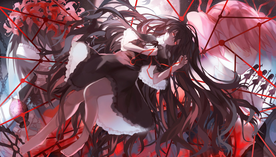1girl 91_(968087) akemi_homura barefoot black_hair dress flower full_moon funeral_dress gears hair_ribbon hairband homulilly kaname_madoka long_hair looking_at_viewer lotte_(madoka_magica) mahou_shoujo_madoka_magica mahou_shoujo_madoka_magica_movie moon pink_hair polearm red_eyes ribbon short_hair short_twintails smile solo_focus soul_gem spear spider_lily spoilers star_(sky) twintails weapon witch_(madoka_magica)