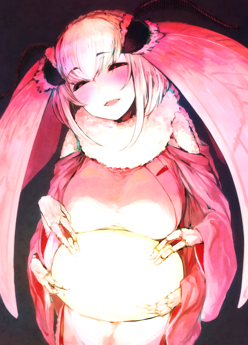 1girl antenna_hair antennae breasts dark glowing glowing_eyes hand_on_own_stomach head_tilt jingai_musume large_breasts looking_at_viewer monster_girl moth_girl open_mouth original pregnant red_eyes short_hair smile solo soropippub tagme white_hair yandere