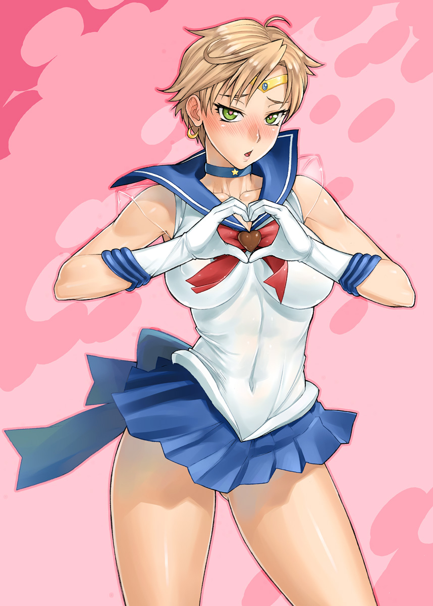 1girl bang-you bishoujo_senshi_sailor_moon blonde_hair blue_skirt blush chestnut_mouth chocolate chocolate_heart choker earrings gloves green_eyes heart heart-shaped_pupils heart_hands highres jewelry looking_at_viewer magical_girl parted_lips sailor_senshi sailor_uranus short_hair skirt solo symbol-shaped_pupils ten'ou_haruka tiara valentine