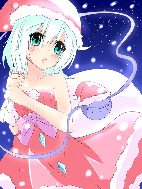 1girl asn_s bare_shoulders christmas dress eyeball green_eyes green_hair hat heart heart_of_string komeiji_koishi open_mouth sack santa_costume santa_hat short_hair snowing solo third_eye touhou