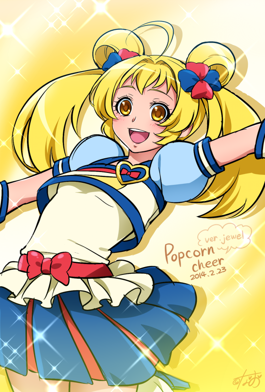 0417nao 1girl 2014 ahoge arm_up blonde_hair blue_skirt bow character_name cosplay cure_honey cure_honey_(cosplay) cure_jewel_(0417nao) dated double_bun happinesscharge_precure! magical_girl original precure puffy_sleeves short_hair skirt smile solo twintails yellow_background yellow_eyes