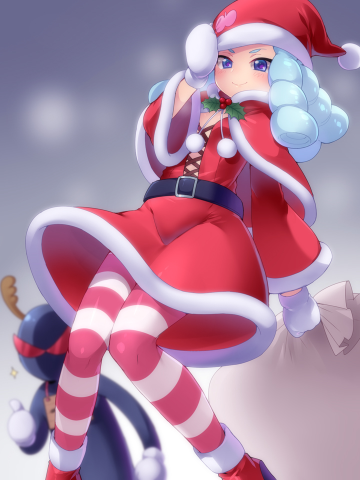 1girl blue_eyes blue_hair blush capelet gloves happinesscharge_precure! hat hiuna_hayami hosshiwa looking_at_viewer pantyhose precure sack santa_costume santa_hat small_breasts smile striped striped_legwear white_gloves