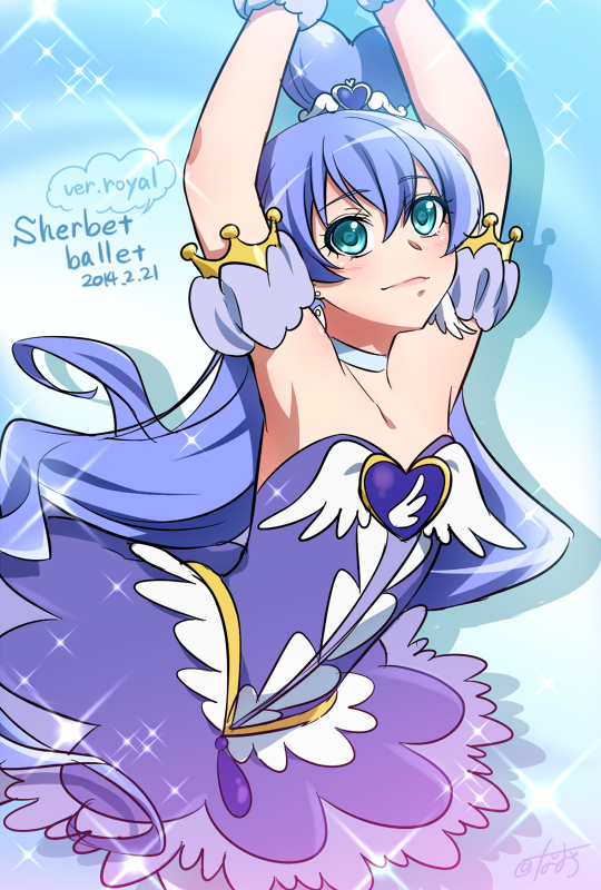 0417nao 1girl 2014 armpits arms_up ballerina bare_shoulders blue_background blue_eyes blue_hair blue_skirt brooch character_name cure_princess cure_princess_(cosplay) cure_royal_(0417nao) dated hair_bun happinesscharge_precure! jewelry long_hair magical_girl original precure skirt smile solo wrist_cuffs