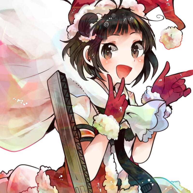 1girl antenna_hair blouse brown_eyes brown_hair double_bun gloves hat idol itomugi-kun kantai_collection naka_(kantai_collection) necktie open_mouth sack santa_costume santa_hat short_hair skirt smile solo