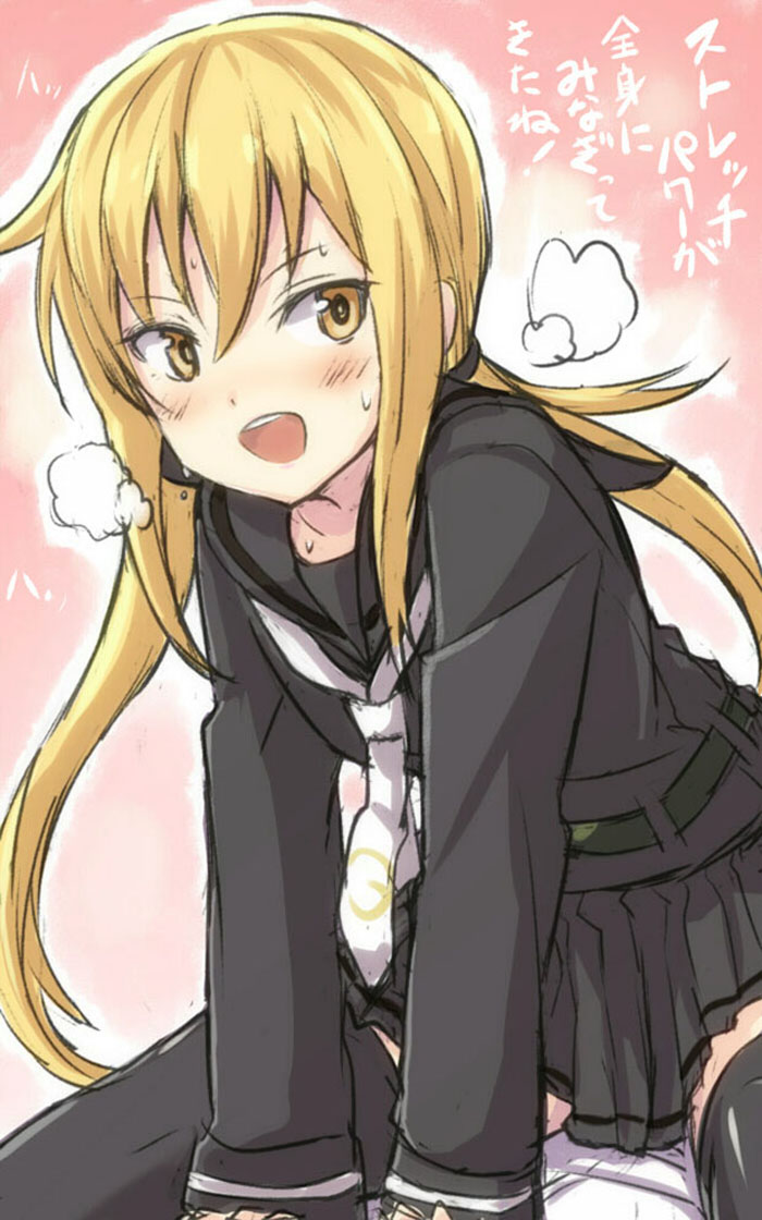 1girl blonde_hair engiyoshi heavy_breathing kantai_collection long_hair looking_at_viewer open_mouth pleated_skirt satsuki_(kantai_collection) school_uniform serafuku sitting skirt solo translation_request twintails yellow_eyes