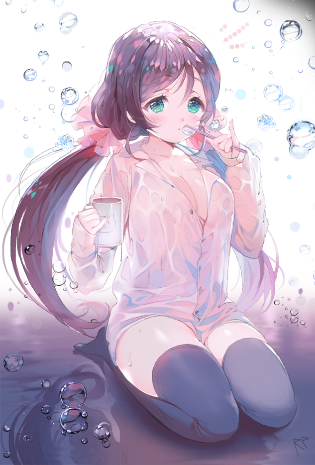 1girl black_legwear blush breasts cleavage cup dress_shirt green_eyes large_breasts long_hair looking_at_viewer love_live!_school_idol_project purple_hair repi987 seiza shirt sitting solo thigh-highs toothbrush toujou_nozomi twintails