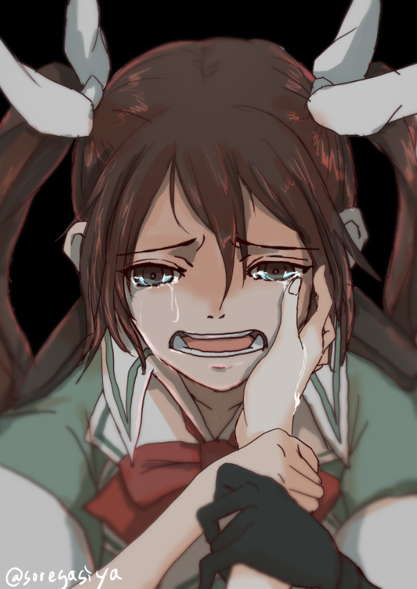 1girl black_eyes boushi-ya brown_hair crying crying_with_eyes_open hair_ribbon hand_on_another's_cheek hand_on_another's_face holding_hands kantai_collection looking_at_viewer open_mouth pov ribbon streaming_tears tears tone_(kantai_collection) twintails