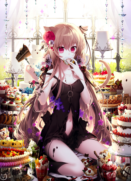 animal_ears black_dress black_legwear cake candy cat chocolate_cake cookie cupcake dessert dress eating flower food fruit fruit_tart hair_flower hair_ornament jewelry kneeling long_hair macaron navel nekonabe_ao original pastry pie red_eyes ring solo strawberry sweets very_long_hair