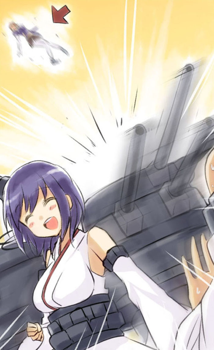 3girls ^_^ bare_shoulders black_hair blush closed_eyes detached_sleeves directional_arrow engiyoshi flying fusou_(kantai_collection) hair_ornament japanese_clothes jpeg_artifacts kantai_collection long_hair machinery multiple_girls myoukou_(kantai_collection) myoukou_pose nontraditional_miko open_mouth purple_hair resizing_artifacts revision short_hair smile sweat tagme torn_clothes translation_request turnaround turret yamashiro_(kantai_collection)