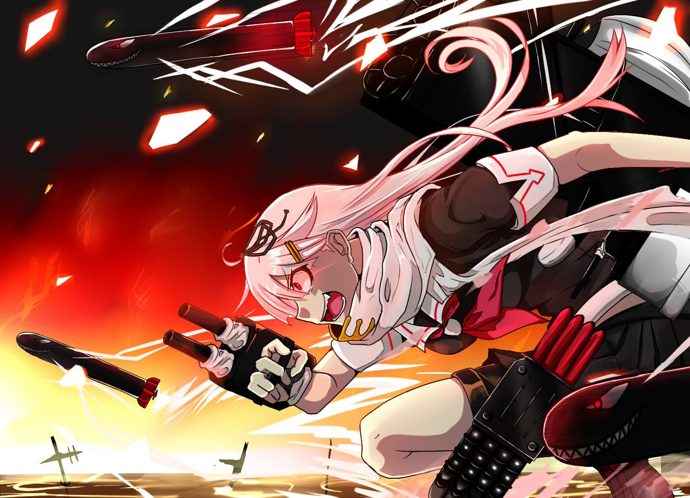 1girl battle black_serafuku black_skirt dark_sky fang fire glowing glowing_eyes hair_ornament hair_ribbon hairclip kantai_collection long_hair machinery neckerchief open_mouth pink_hair pleated_skirt rakku_(10219563) red_eyes ribbon sailor_collar scarf school_uniform serafuku skirt torpedo white_scarf yuudachi_(kantai_collection)