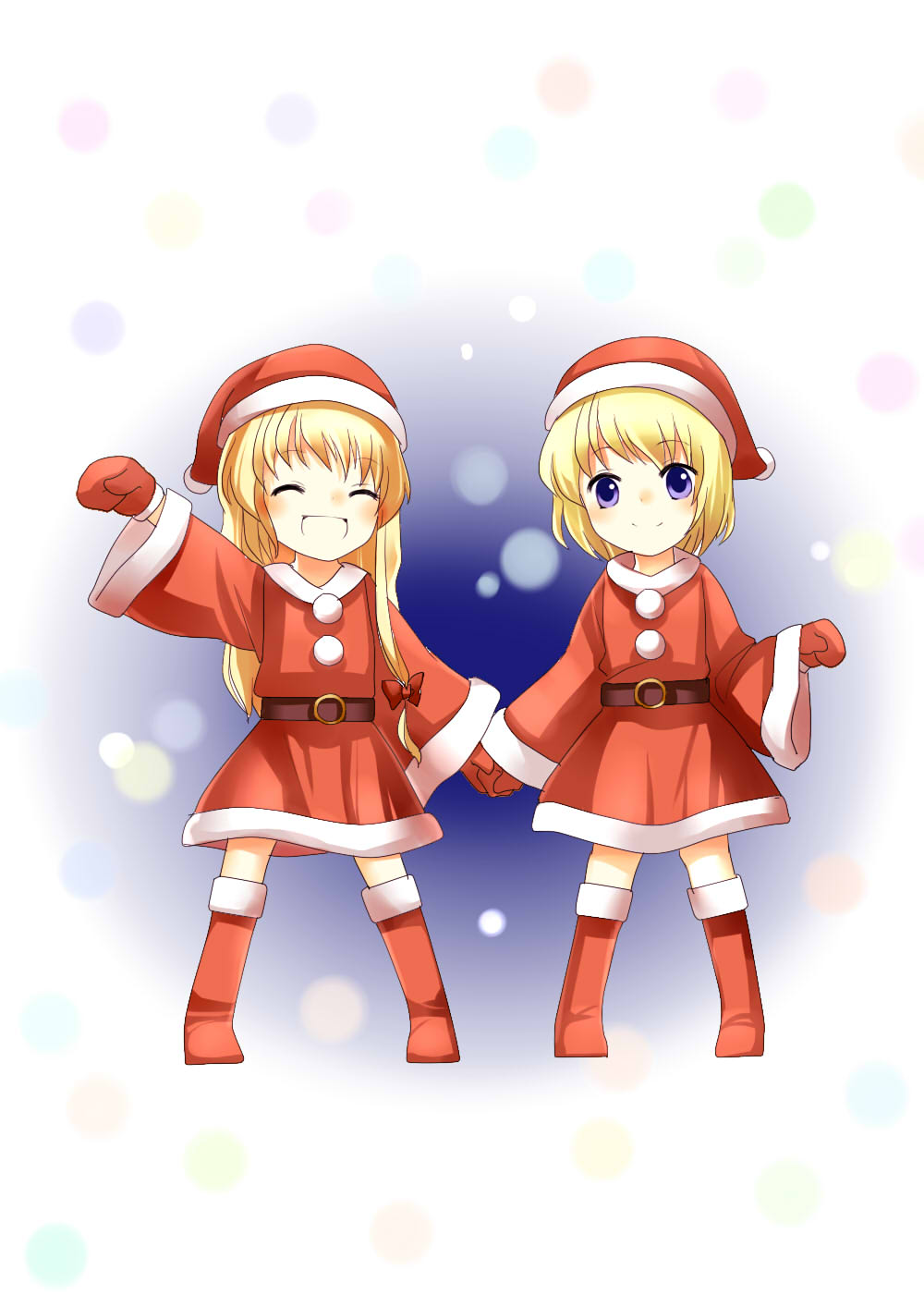 2girls alice_margatroid alternate_costume blue_eyes closed_eyes couple fumisetsu hat highres holding_hands kirisame_marisa multiple_girls open_mouth santa_costume santa_hat smile touhou