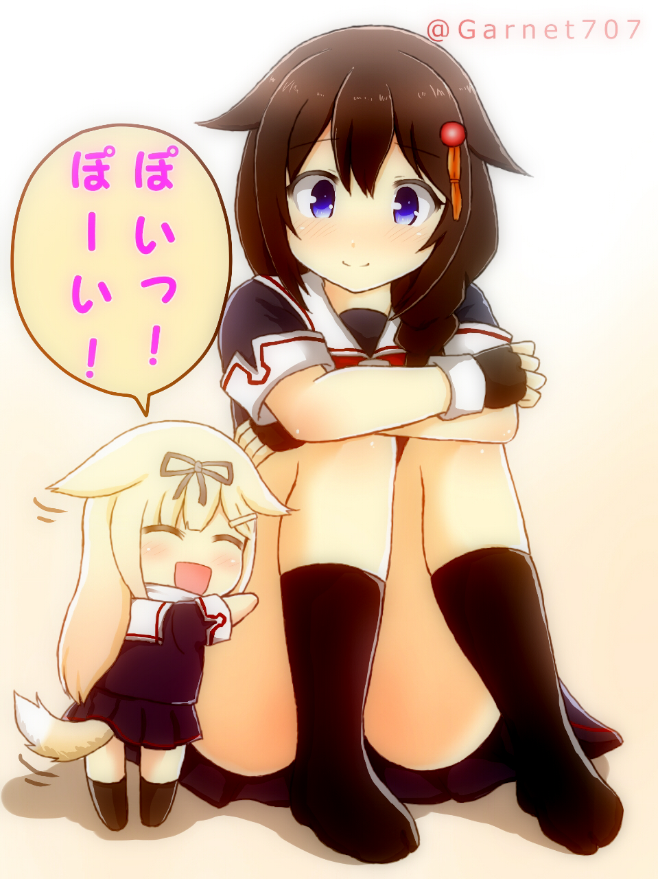 2girls blonde_hair blue_eyes braid brown_hair chibi closed_eyes dog_tail fingerless_gloves garnet707 gloves hair_flaps hair_ornament hair_ribbon hairclip happy highres kantai_collection kemonomimi_mode kneehighs long_hair multiple_girls open_mouth ribbon school_uniform serafuku shigure_(kantai_collection) single_braid smile tail translated twitter_username yuudachi_(kantai_collection)