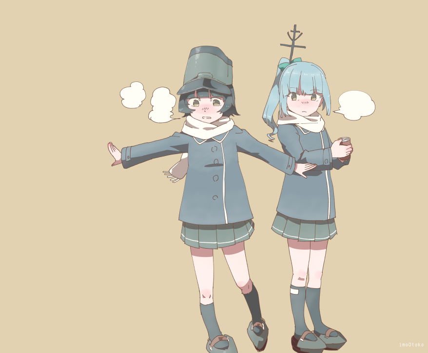 2girls alternate_costume arare_(kantai_collection) blue_hair breath coat hat kantai_collection kasumi_(kantai_collection) multiple_girls outstretched_arms ponytail scarf short_hair yellow_eyes