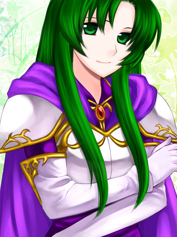 1girl 74 armor armored_dress breastplate cape cecilia_(fire_emblem) crossed_arms fire_emblem fire_emblem:_fuuin_no_tsurugi gloves green_eyes green_hair jewelry long_hair simple_background smile solo tagme white_gloves