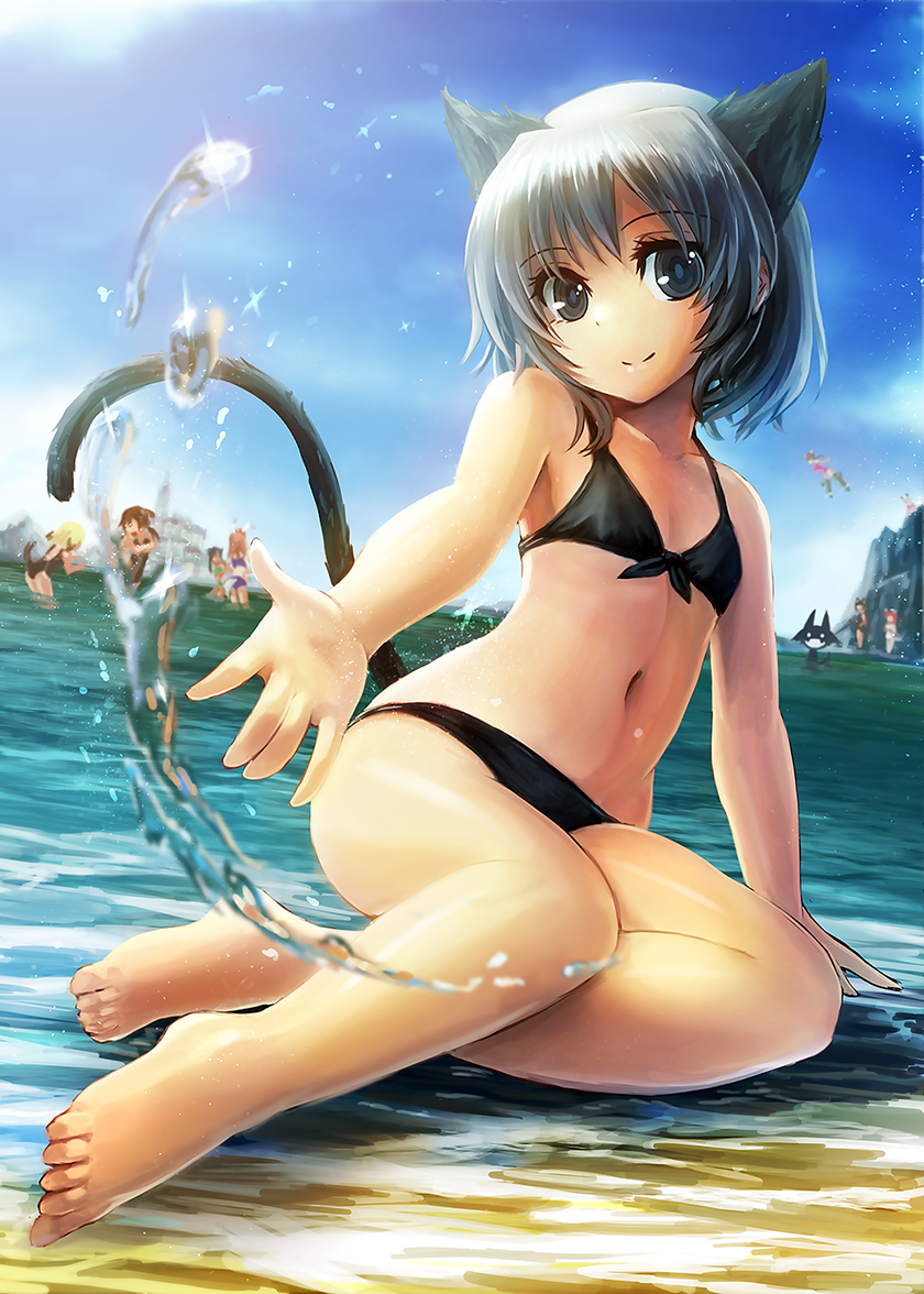 animal_ears bent_knees bikini black_eyes cat_ears cat_tail erica_hartmann francesca_lucchini freeze-ex gertrud_barkhorn looking_at_viewer lynette_bishop minna-dietlinde_wilcke miyafuji_yoshika navel outstretched_hand perrine_h_clostermann sakamoto_mio short_hair silver_hair smile strike_witches swimsuit tail water