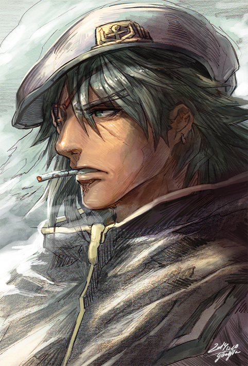 1boy bust cape cigarette dated earrings genderswap gibagiba green_eyes green_hair hat jewelry kantai_collection kiso_(kantai_collection) mouth_hold signature solo