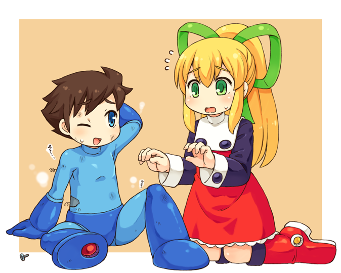 1boy 1girl android arm_behind_head blonde_hair blue_eyes blush bolt boots brother_and_sister brown_hair buttons dress frills green_eyes hair_ribbon kneeling long_hair long_sleeves mizuno_mumomo one_eye_closed payot ponytail puffy_long_sleeves puffy_sleeves red_dress ribbon rockman rockman_(character) rockman_(classic) roll siblings torn_clothes