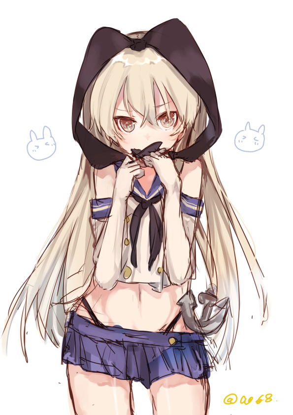 1girl anchor ao68 black_panties blonde_hair covering_mouth elbow_gloves flat_chest gloves hairband highleg highleg_panties kantai_collection long_hair looking_at_viewer navel panties sailor_collar shimakaze_(kantai_collection) simple_background skirt underwear