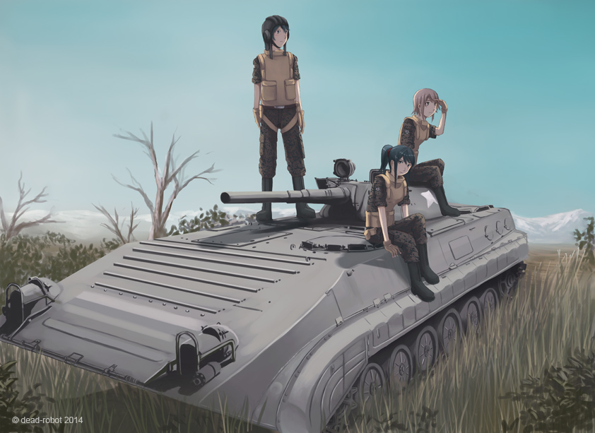 2014 3girls artist_name black_hair blonde_hair dead-robot field grass helmet horizon long_hair looking_at_viewer military military_uniform military_vehicle mountain multiple_girls original ponytail short_hair sky soldier tree uniform vehicle