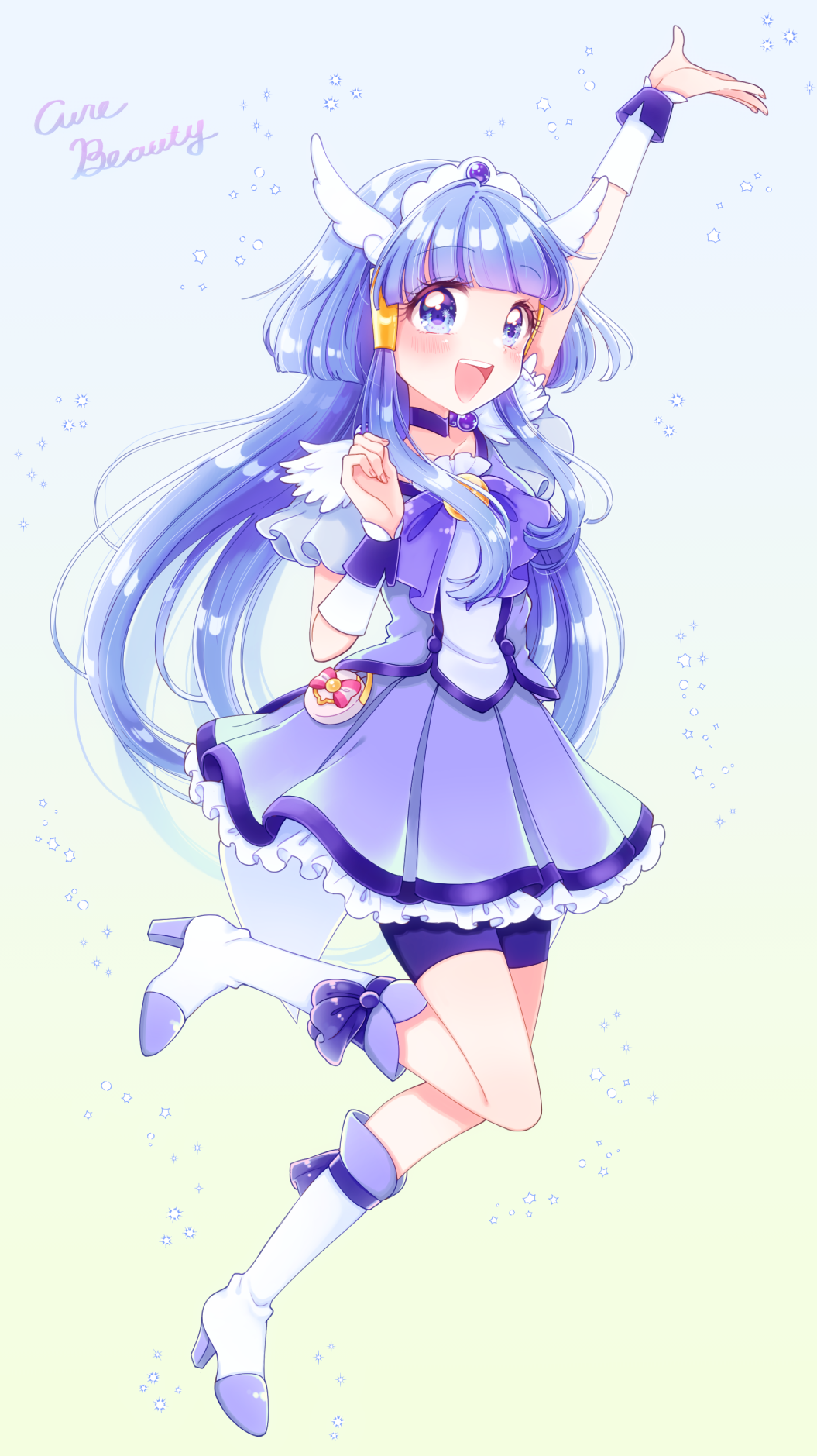 1girl aoki_reika arm_up bike_shorts blue_background blue_bow blue_choker blue_hair blue_shorts blue_skirt blue_theme boots bow brooch character_name choker cure_beauty gradient gradient_background hair_tubes head_wings highres jewelry knee_boots kuzumochi long_hair magical_girl pouch precure shiny shiny_hair shorts shorts_under_skirt sidelocks skirt smile_precure! solo tiara white_footwear wrist_cuffs
