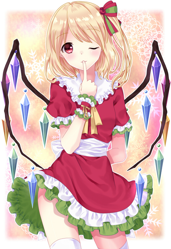 1girl ascot blonde_hair flandre_scarlet iwashikami looking_at_viewer one_eye_closed red_eyes short_hair side_ponytail solo thigh-highs touhou white_legwear wings wrist_cuffs