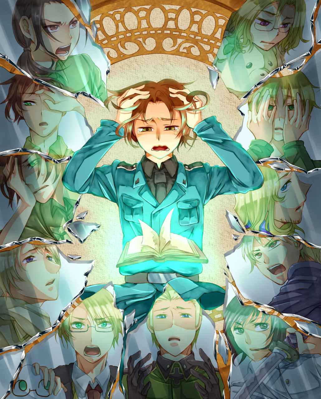 6+boys ahoge albino america_(hetalia) axis_powers_hetalia bangs beard belt black_hair blonde_hair blue_eyes book brown_eyes brown_hair canada_(hetalia) china_(hetalia) crying empty_eyes facial_hair food france_(hetalia) germany_(hetalia) glasses green_eyes hand_on_head hands_on_own_face hetaoni highres holding japan_(hetalia) katana kumajirou_(hetalia) male military military_uniform mirror mochi mochimerica_(hetalia) multiple_boys necktie northern_italy_(hetalia) open_mouth orange_eyes payot pokupoku prussia_(hetalia) red_eyes russia_(hetalia) serious short_hair short_ponytail shouting silver_hair southern_italy_(hetalia) spain_(hetalia) spoilers sweat sword tears torn uniform united_kingdom_(hetalia) violet_eyes wagashi weapon