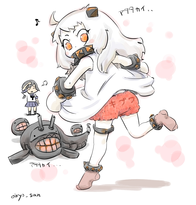 2girls ahoge dress dress_lift fubuki_(kantai_collection) horns kantai_collection long_hair mittens multiple_girls northern_ocean_hime ohyo orange_eyes pumpkin_pants school_uniform serafuku translation_request white_dress white_hair white_skin