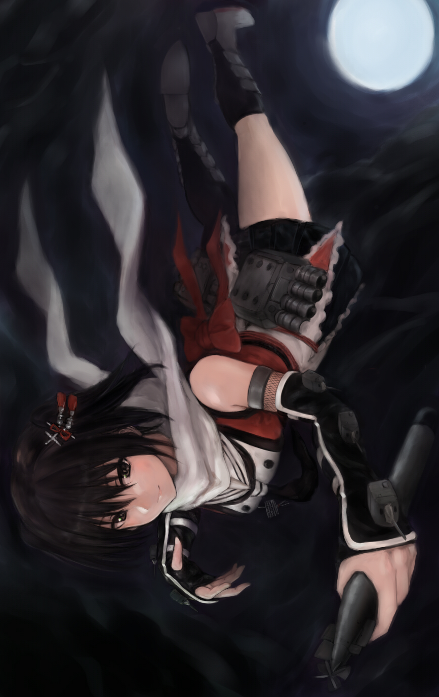 1girl asymmetrical_legwear black_boots black_eyes black_hair black_skirt boots bow clouds cloudy_sky elbow_gloves fingerless_gloves full_moon fuyube_gin_(huyube) gloves hair_ornament highres holding kantai_collection kneehighs looking_at_viewer moon night ninja pleated_skirt scarf sendai_(kantai_collection) short_hair single_kneehigh single_thighhigh skirt sky smile solo thigh-highs torpedo twintails upside-down