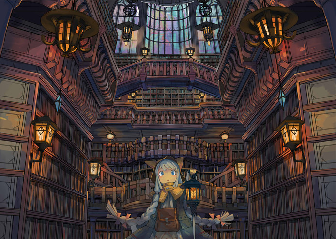 1girl :o animal_ears animal_hat arms_behind_back blue_eyes blue_hair book bookshelf braid capelet hat indoors lantern library long_hair looking_at_viewer open_mouth original pouch scenery solo stained_glass twin_braids window wu_ba_pin