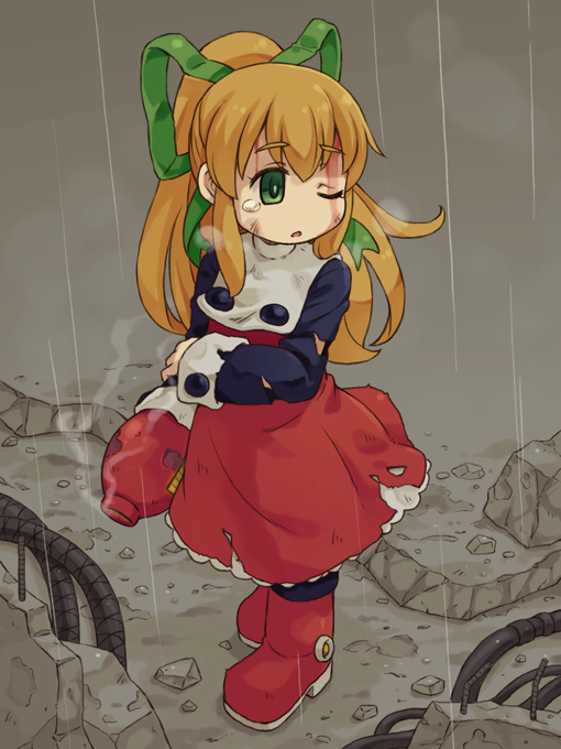 1girl android arm_cannon beat_(rockman) blonde_hair boots buttons dirty_face dress frills green_eyes hair_ribbon long_hair long_sleeves mizuno_mumomo one_eye_closed payot ponytail puffy_long_sleeves puffy_sleeves rain red_dress ribbon rockman rockman_(classic) roll solo tears torn_clothes weapon