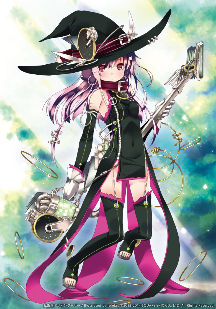 1girl black_legwear collar covered_navel detached_sleeves hat kaku-san-sei_million_arthur looking_at_viewer official_art pink_hair red_eyes refeia solo thigh-highs toeless_legwear vacuum_cleaner witch_hat