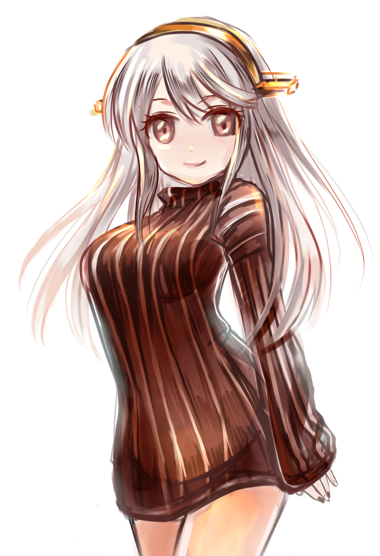 1girl alternate_costume brown_eyes dress hairband hari. haruna_(kantai_collection) kantai_collection long_hair looking_at_viewer ribbed_sweater silver_hair simple_background smile solo sweater white_background