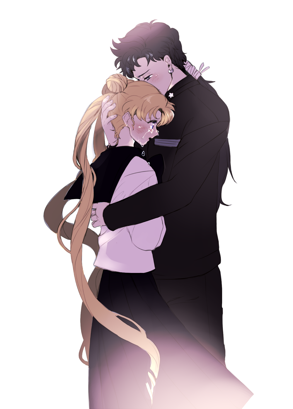 bishoujo_senshi_sailor_moon black_hair blonde_hair comforting highres kyykttk seiya_kou tears tsukino_usagi white_background