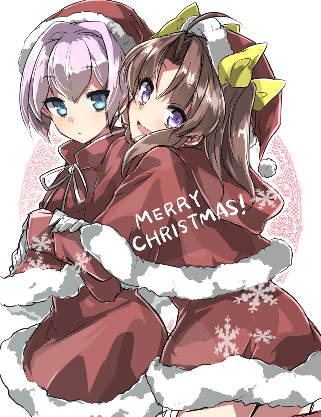 2girls ahoge blue_eyes capelet cowboy_shot fur_trim hair_ribbon hat highres kagerou_(kantai_collection) kantai_collection looking_at_viewer merry_christmas multiple_girls pink_hair ribbon santa_costume santa_hat shiranui_(kantai_collection) short_hair takeshima_(nia) twintails violet_eyes