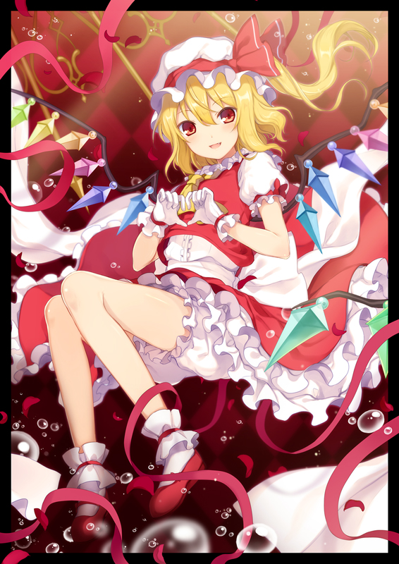 1girl 6u_(eternal_land) :d ascot blonde_hair flandre_scarlet gloves heart heart_hands looking_at_viewer mary_janes mob_cap open_mouth orange_eyes ribbon shoes side_ponytail smile solo touhou white_gloves wind