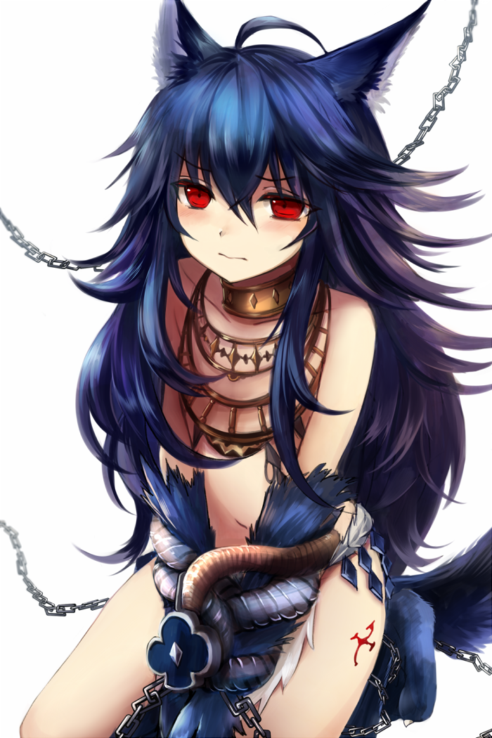 ahoge animal_ears blue_hair bound_arms chain eru_(clover_2005) fenrir_(granblue_fantasy) granblue_fantasy long_hair red_eyes simple_background tail white_background wolf_ears wolf_tail