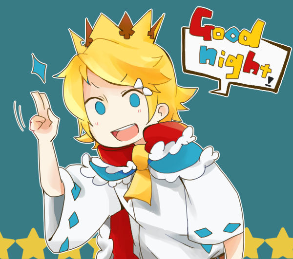 1girl blonde_hair blue_eyes bouken_no_sho_ga_kiemashita!_(vocaloid) cape crown english fur_trim hair_ornament hairclip kagamine_rin solo sparkle vocaloid