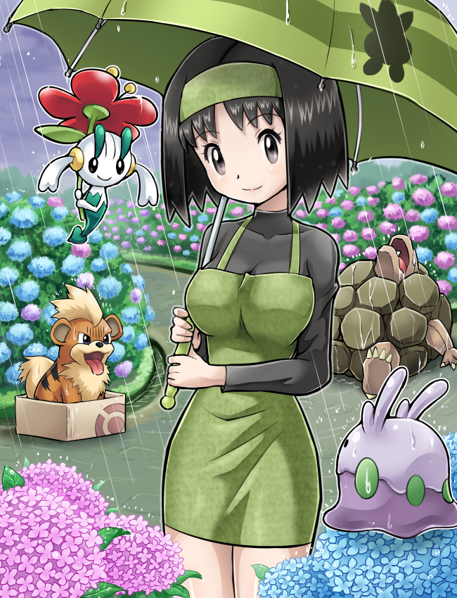 1girl black_hair box cardboard_box dress erika_(pokemon) floette golem_(pokemon) goomy growlithe oddish pokemoa pokemon pokemon(tcg) pokemon_(creature) rain umbrella