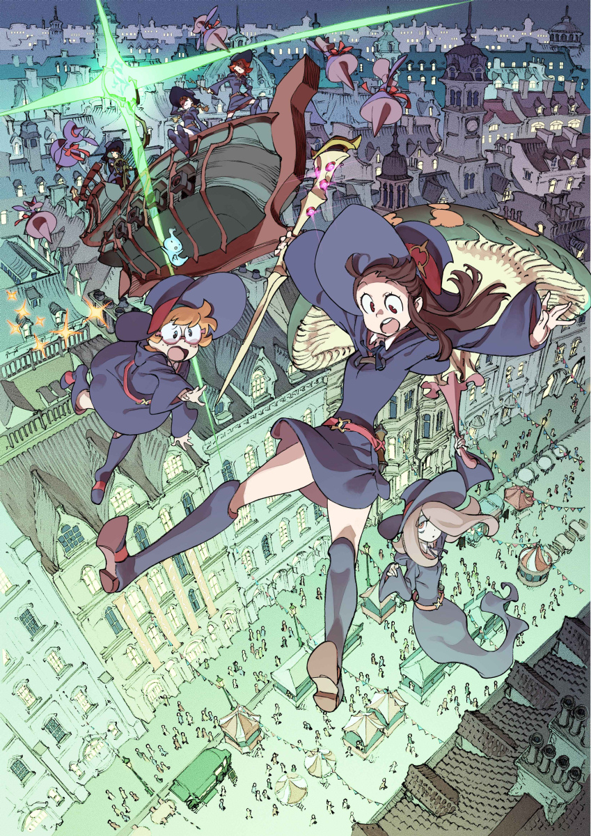 airship akko_kagari belt boots brown_eyes brown_hair falling freckles gem glasses half-closed_eyes hat highres house little_witch_academia little_witch_academia:the_enchanted_parade long_hair lotte_yanson mushroom open_mouth orange_hair parachute reaching_out short_hair sparkle staff sucy_manbabalan tent thigh-highs witch witch_hat zettai_ryouiki