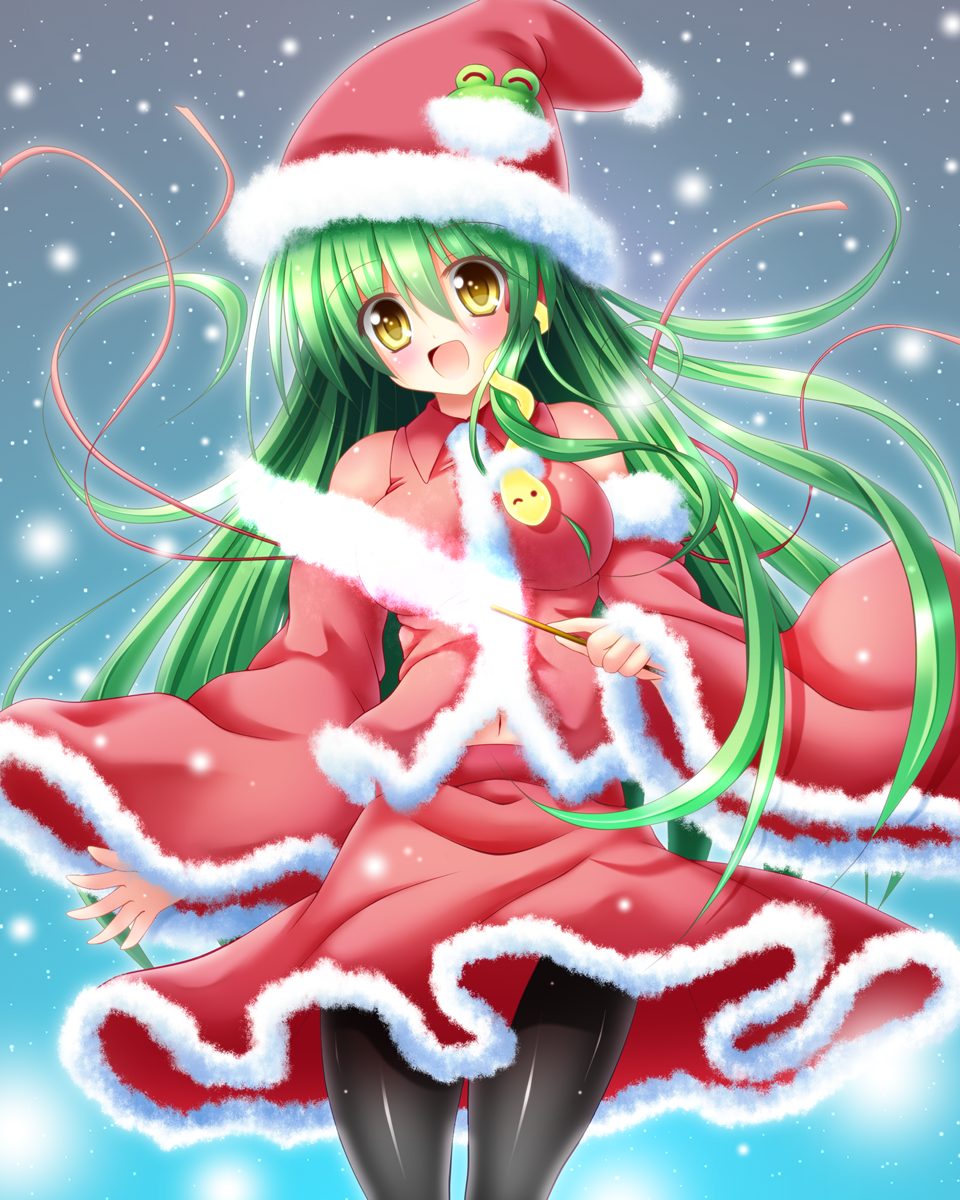 1girl :d alternate_costume breasts christmas detached_sleeves green_hair hair_ornament hat highres kochiya_sanae long_hair looking_at_viewer navel open_mouth osashin_(osada) pantyhose santa_costume santa_hat smile snake_hair_ornament solo touhou wide_sleeves yellow_eyes