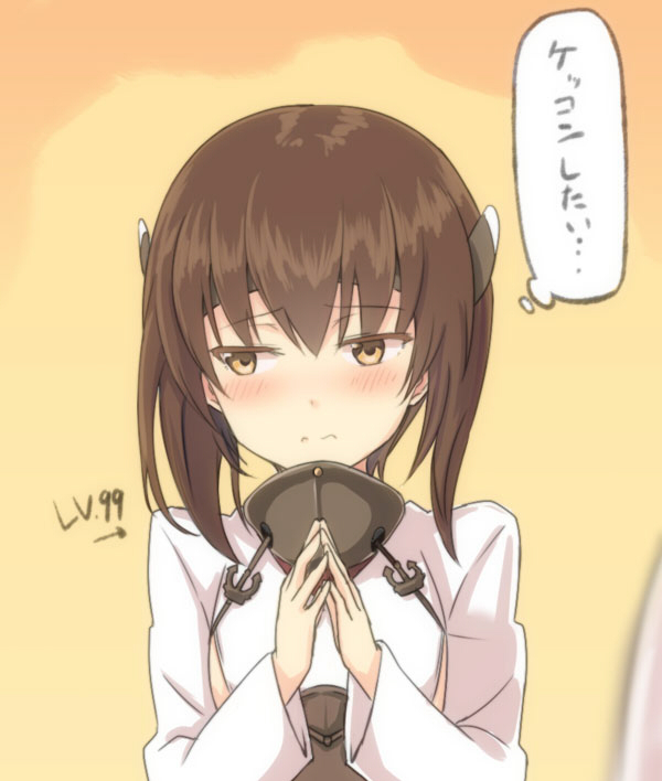 1girl blush brown_eyes brown_hair engiyoshi flat_chest hands_together headband headgear kantai_collection looking_away revision short_hair solo taihou_(kantai_collection) translated