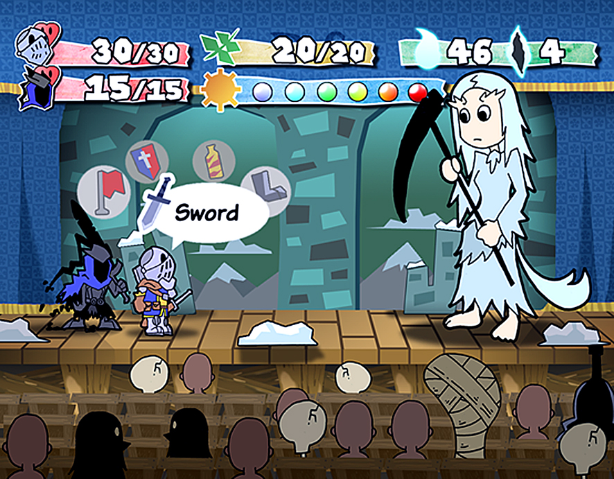 armor artorias_the_abysswalker audience cape chin_stroking chosen_undead dark_souls fake_screenshot full_armor helmet holding_sword horns knight long_hair monster_girl paper_mario parody priscilla_the_crossbreed setz snow souls_(from_software) style_parody super_mario_bros. sword tail theater thinking weapon white_hair